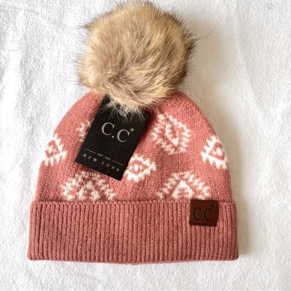 C.C beanie winter hat with Pom Pom BUNDLE AND SAVE Mauve Aztec super soft